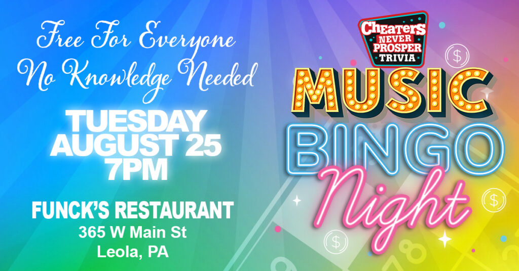 Music Bingo at Funck's Restaurant in Leola, PA on August 25, 2026 at 7 pm