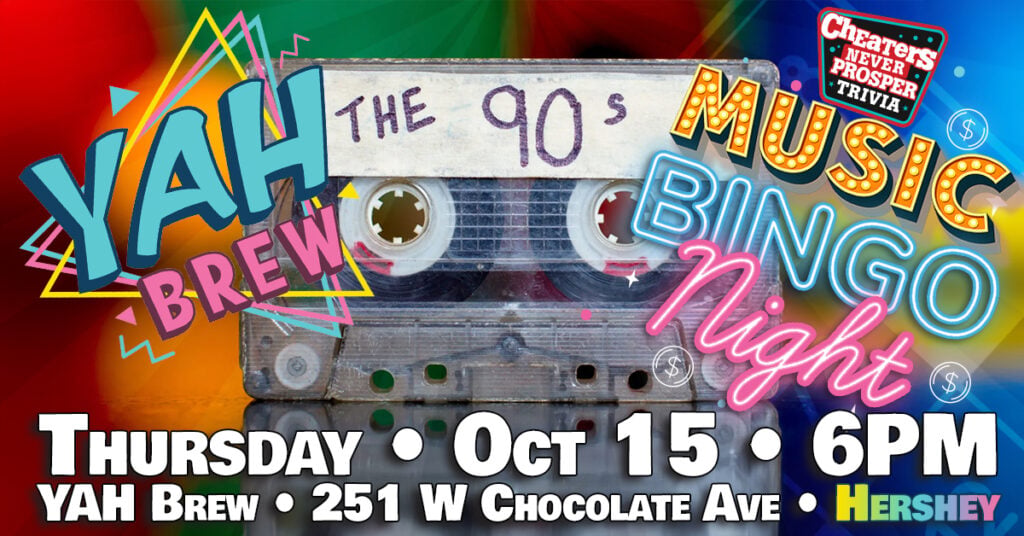 90s Music Bingo at YAH Brew in Hershey, PA on October 15, 2026 at 6 pm