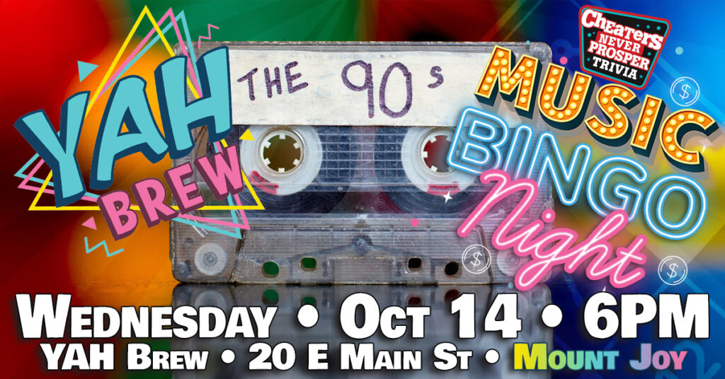 90s Music Bingo at YAH Brew in Mount Joy, PA on October 14, 2026 at 6 pm