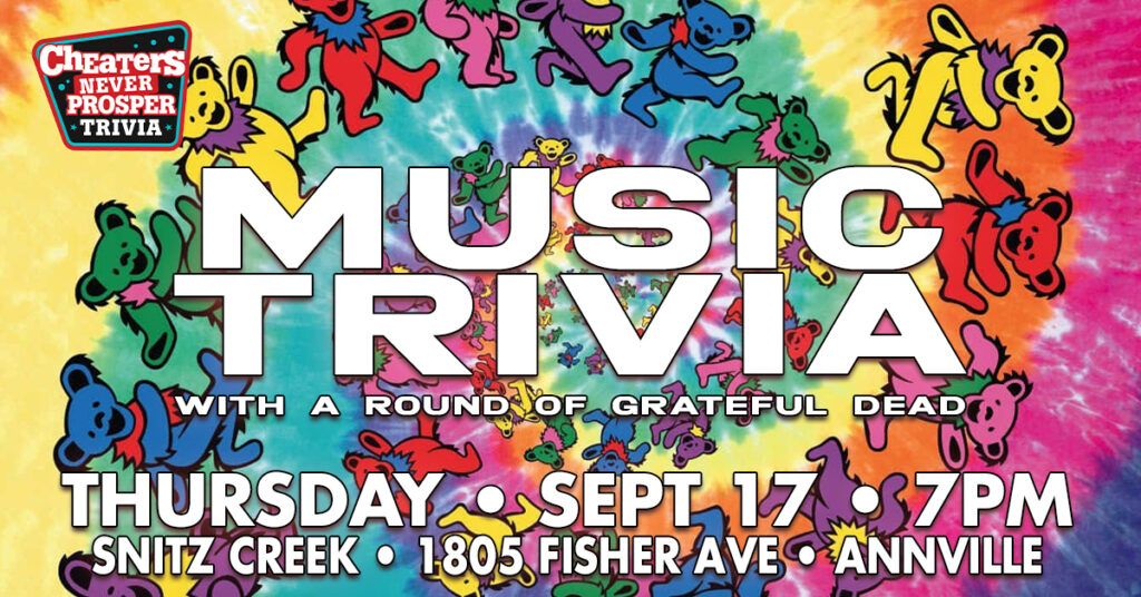 All Music Trivia with a Grateful Dead Round at Snitz Creek Brewery in Annville, PA on September 17, 2026 at 7 pm