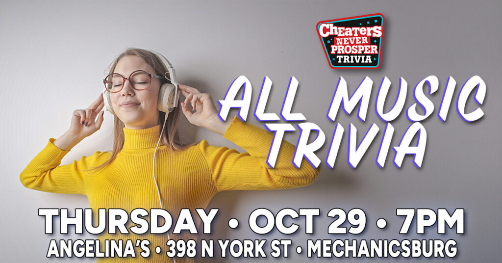 All Music Trivia at Angelina's Brewery & Grill in Mechanicsburg on October 29, 2026 at 7 PM