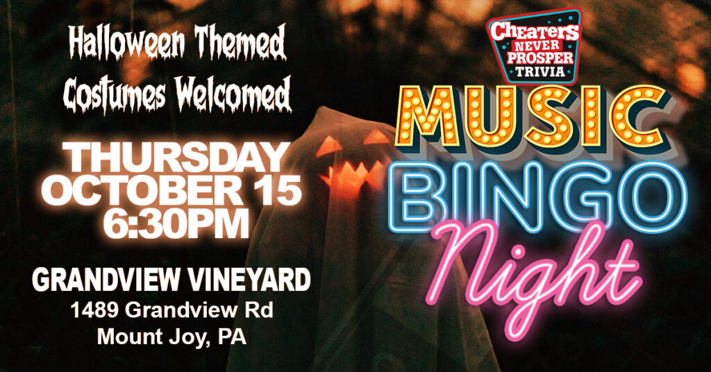 Halloween Music Bingo at Grandview Vineyard in Mount Joy on October 15, 2026 at 6:30pm