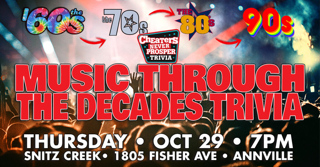 Music Through the Decades Trivia at Snitz Creek Brewery in Annville, PA on October 29, 2026 at 7PM