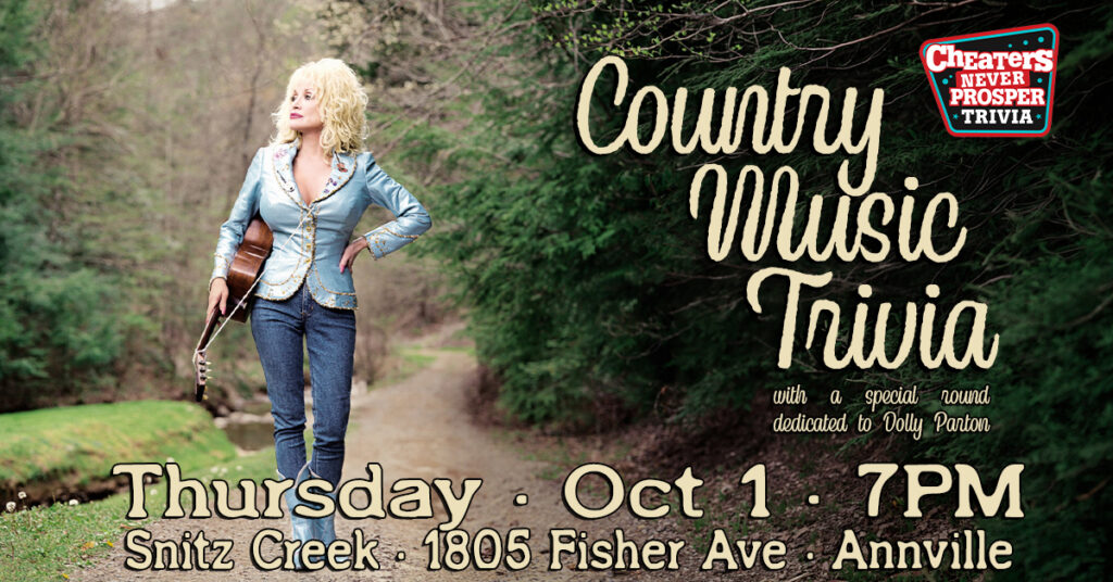 Country Music Trivia with a Dolly Parton Round at Snitz Creek Brewery in Annville, PA on October 1, 2026 at 7PM