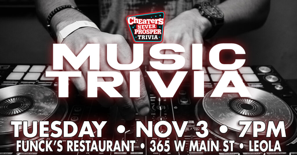 All Music Trivia at Funck's Restaurant in Leola on November 3, 2026 at 7 PM