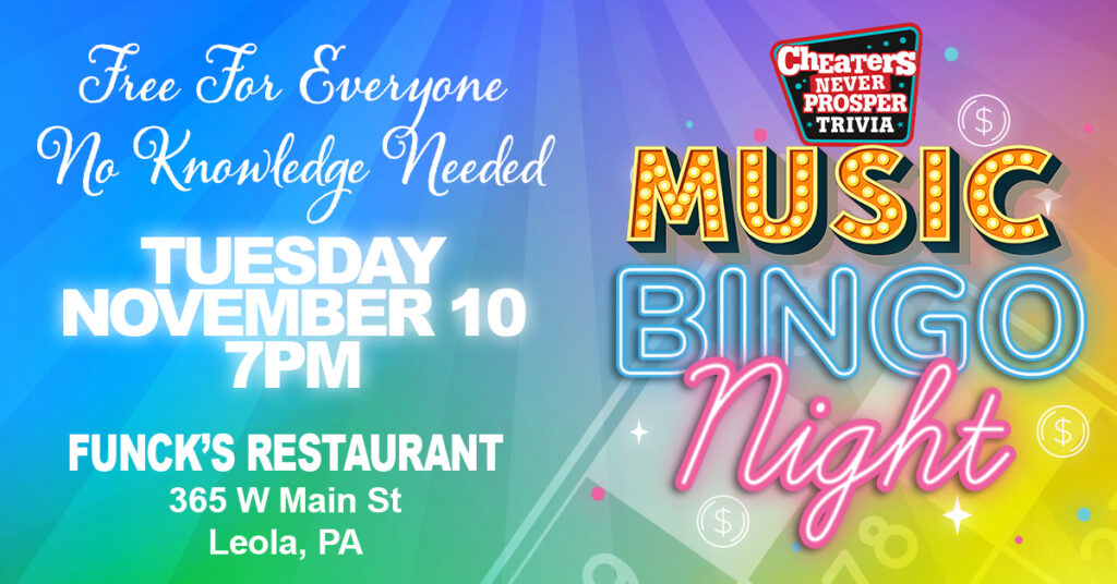 Music Bingo at Funck's Restaurant in Leola on November 10, 2026 at 7 PM