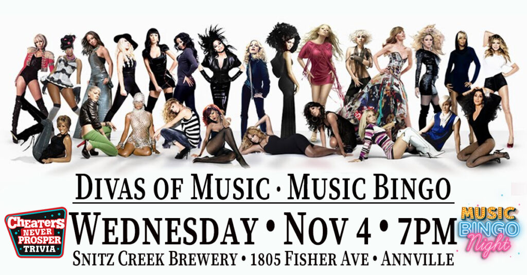 Divas Music Bingo at Snitz Creek Brewery in Annville on November 4, 2026 at 7 PM
