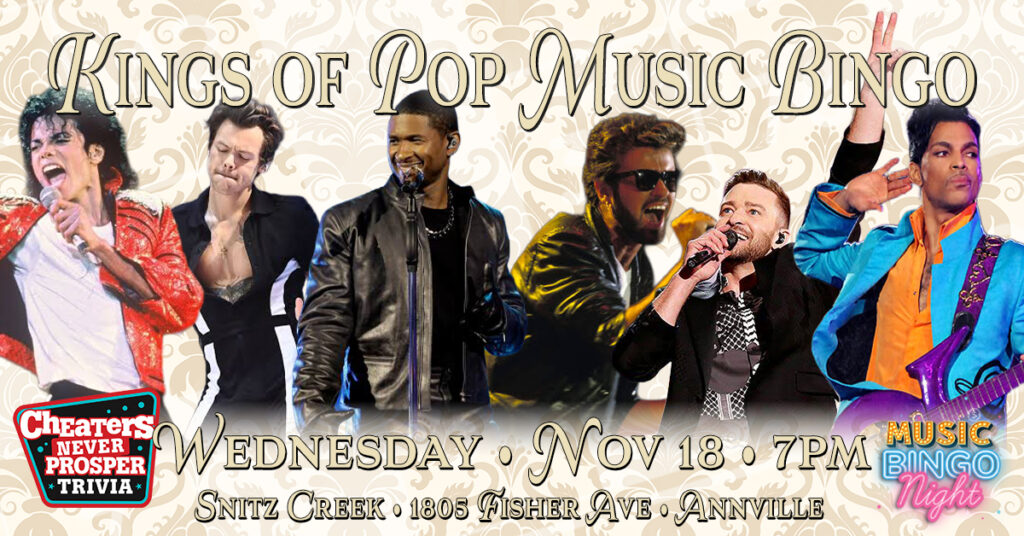 Kings of Pop Music Bingo at Snitz Creek Brewery in Annville on November 18, 2026 at 7 PM