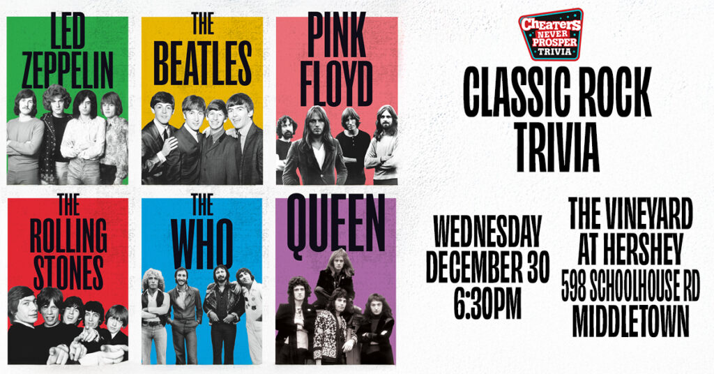 Classic Rock Trivia at The Vineyard at Hershey in Middletown on December 30, 2026 at 6:30 PM